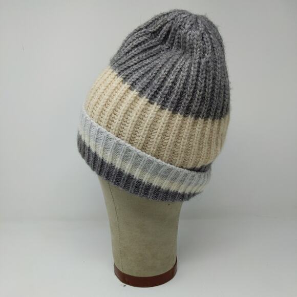 Old Navy Toboggan Beanie Hat Gray Cream White Striped OSFA Acrylic Blend - Picture 4 of 11